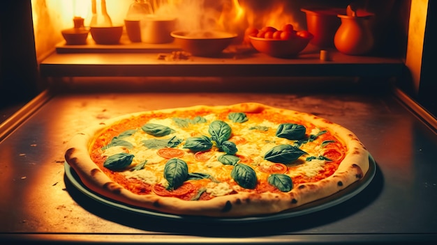 pizza margarita ze świeżymi liśćmi bazylii w tle