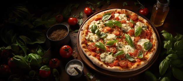 Pizza Margherita Prosta i aromatyczna pizza z dodatkiem świeżych pomidorów, sera mozzarella i liści bazylii Wygenerowano za pomocą sztucznej inteligencji