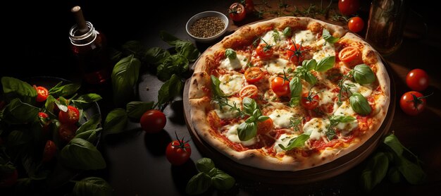 Pizza Margherita Prosta i aromatyczna pizza z dodatkiem świeżych pomidorów, sera mozzarella i liści bazylii Wygenerowano za pomocą sztucznej inteligencji