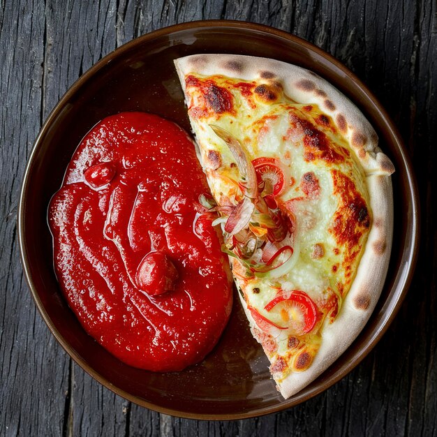 Zdjęcie pizza morska i sos pomidorowy w misce na ciemnym, wiejskim tle.