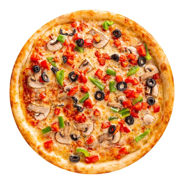 Pizza na białym tle z pieczarkami i oliwkami