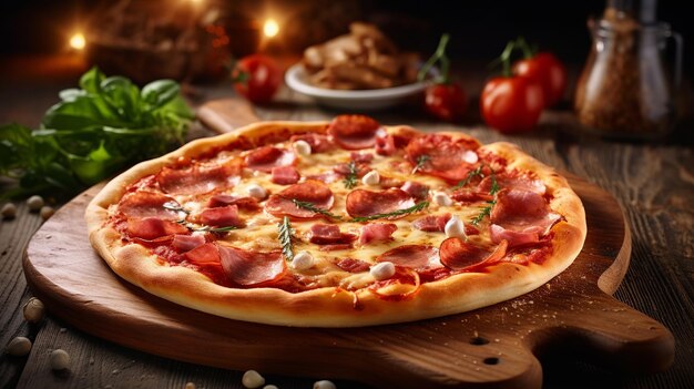 Pizza na drewnianej desce z pizzą na nim