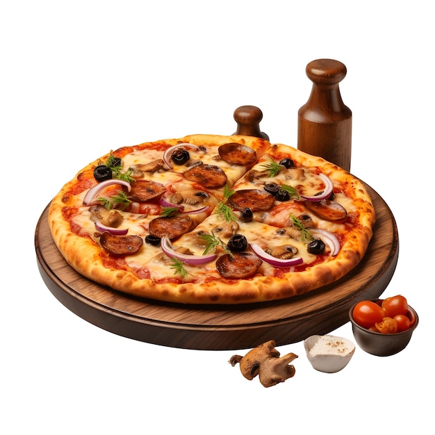Pizza na drewnianym talerzu dostawy żywności odizolowywającej na białym tle ai generować