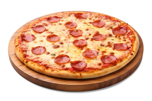 Pizza Pepperoni na okrągłej desce izolowanej na białym tle