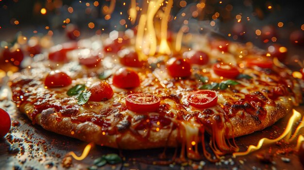 Pizza pomidorowa na ciemnym drewnianym tle, zabarwienie selektywne