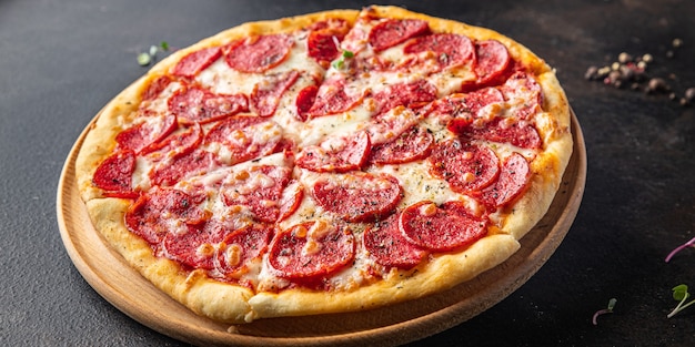 Zdjęcie pizza salami fast food kiełbasa pepperoni ser sos pomidorowy ciasto świeży posiłek przekąska