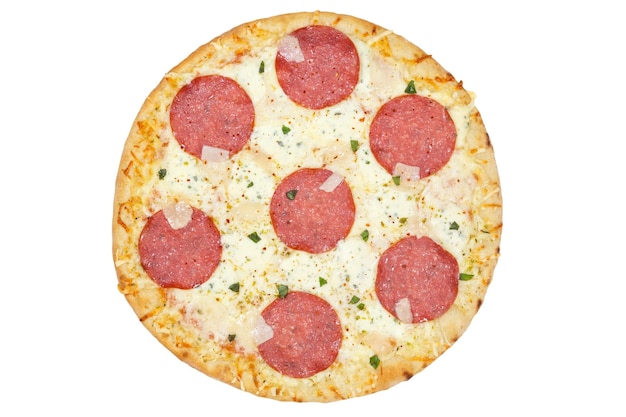 Pizza Salami Z Góry Na Białym Tle