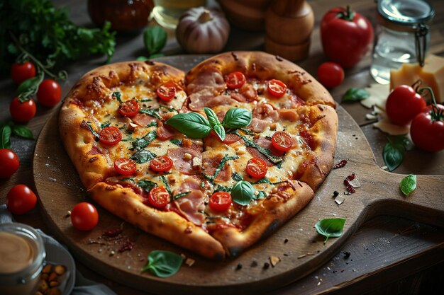 Zdjęcie pizza w kształcie serca margherita koncepcja miłości na dzień walentynek