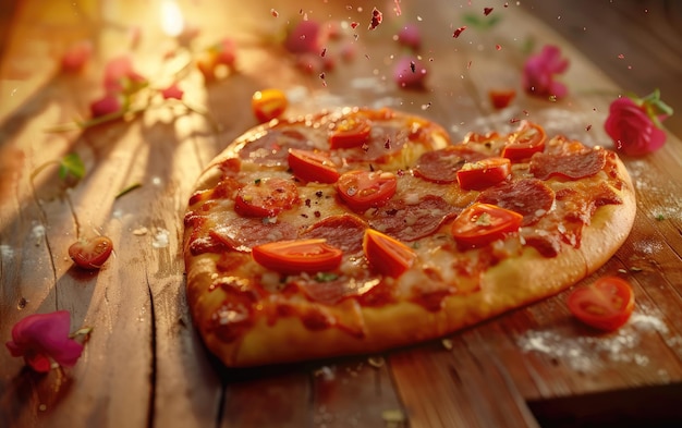 Pizza w kształcie serca na drewnianym tle profesjonalne zdjęcie reklamowe żywności ai generowane