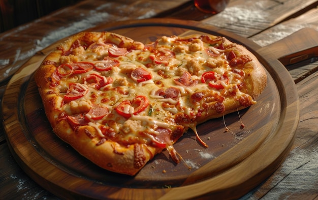Zdjęcie pizza w kształcie serca na drewnianym tle profesjonalne zdjęcie reklamowe żywności ai generowane