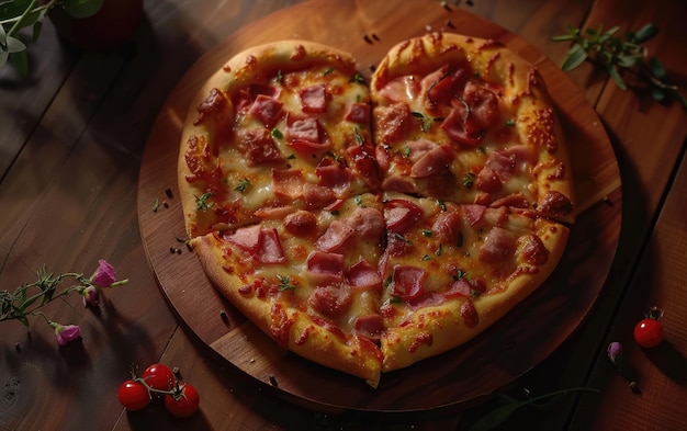 Zdjęcie pizza w kształcie serca na drewnianym tle profesjonalne zdjęcie reklamowe żywności ai generowane