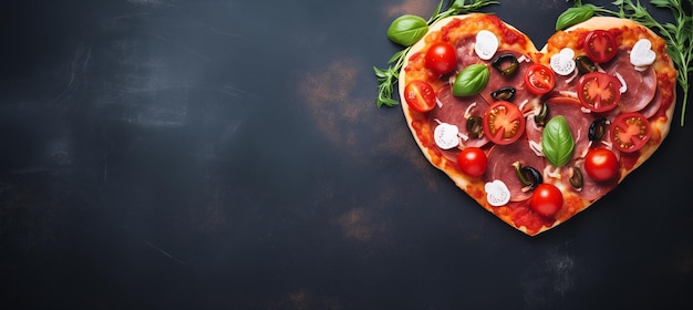 Zdjęcie pizza w kształcie serca na stole, płaski baner z przestrzenią do kopiowania