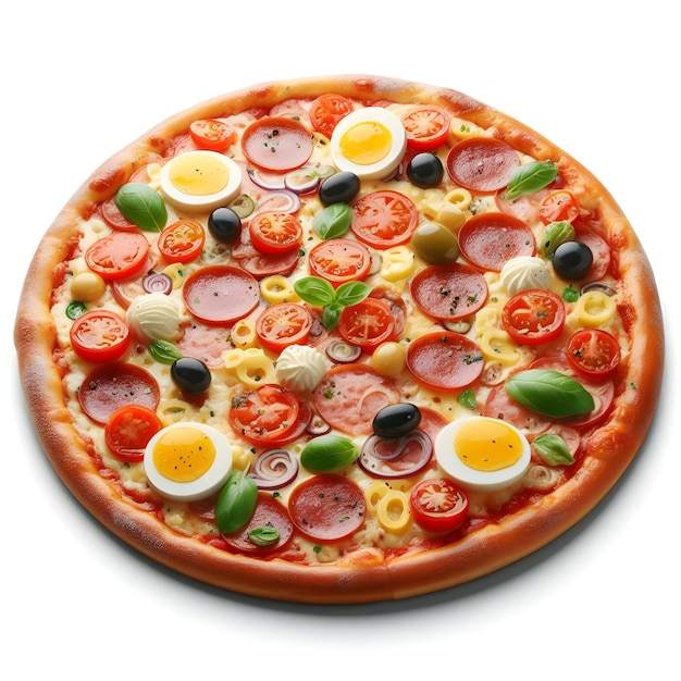 Pizza wypełniona pomidorami, salami i oliwkami.