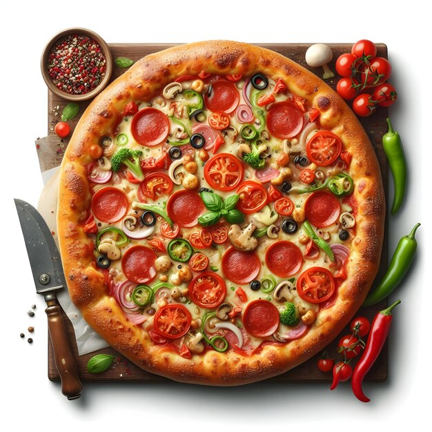 Pizza wypełniona pomidorami, salami i oliwkami.