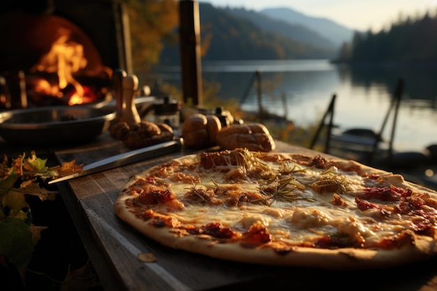 Pizza z jabłkami na górzystej jarzmowej targach w tle generatywny IA