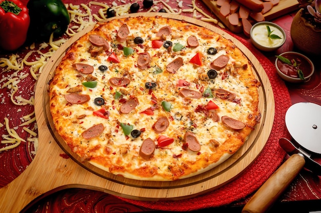 Pizza z kiełbasą z sosem pomidorowym i majonezem na białym tle na drewnianej desce widok z góry włoskiego jedzenia na drewnianym tle