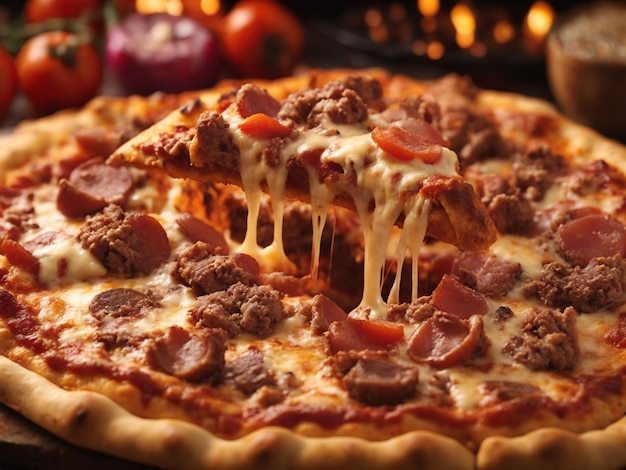 pizza z mięsem i serem na niej