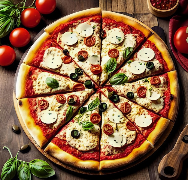 Pizza z mięsem kurczaka mozzarella, serem, pomidorem i oliwką Włoska pizza na drewnianym tle