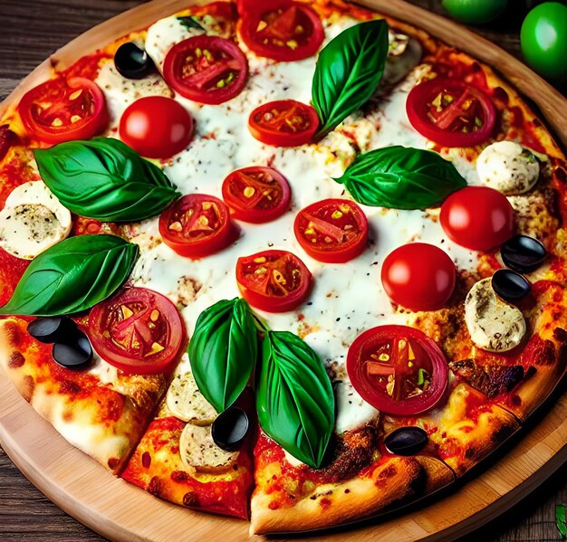 Pizza z mięsem kurczaka mozzarella, serem, pomidorem i oliwką Włoska pizza na drewnianym tle