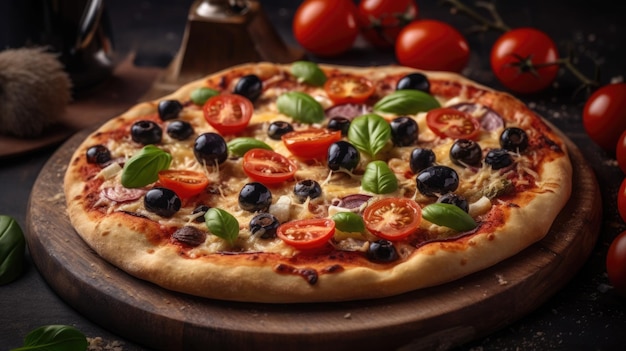 Pizza z oliwkami i pomidorami na drewnianym stole Generative AI
