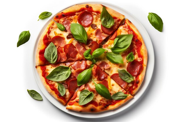Zdjęcie pizza z pepperoni i liśćmi bazylii na białym tle