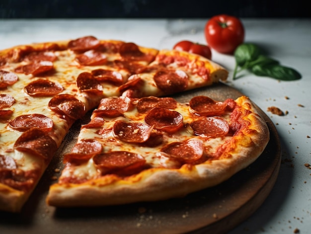 Pizza z pepperoni i pepperoni na drewnianej desce.