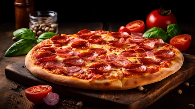 Zdjęcie pizza z pepperoni i pomidorami z boku