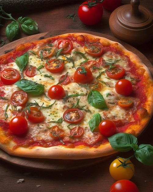 Pizza z pomidorami i bazylią na wierzchu
