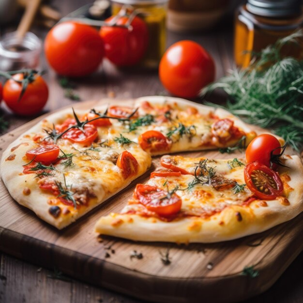 Pizza z pomidorami i ziołami na desce do krojenia Obraz Generative AI