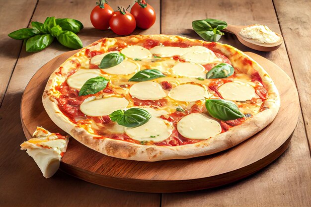 Pizza z pomidorami mozzarella i bazylią na drewnianym tle Generative AI