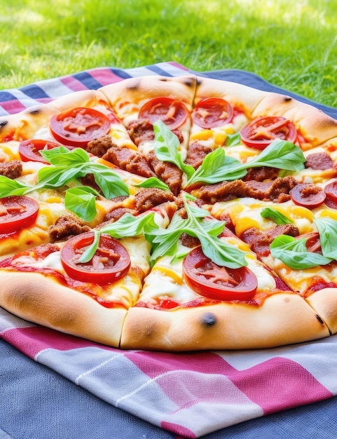 Pizza z pomidorami mozzarella i bazylią na zielonej trawie