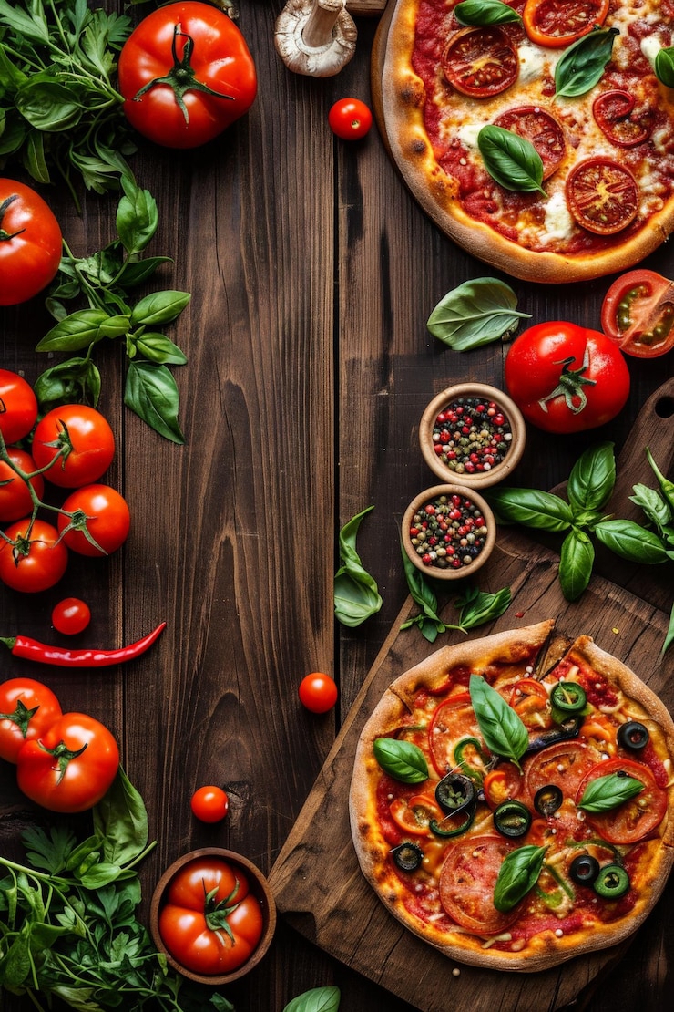 Zdjęcie pizza z pomidorami, oliwkami i bazylią na drewnianym stole