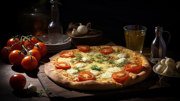 Pizza z pomidorami serowymi i innymi składnikami na kuchennym stole