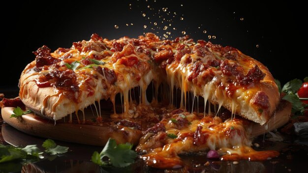 pizza z roztopionym serem z mięsem i warzywami na stole z niewyraźnym tłem