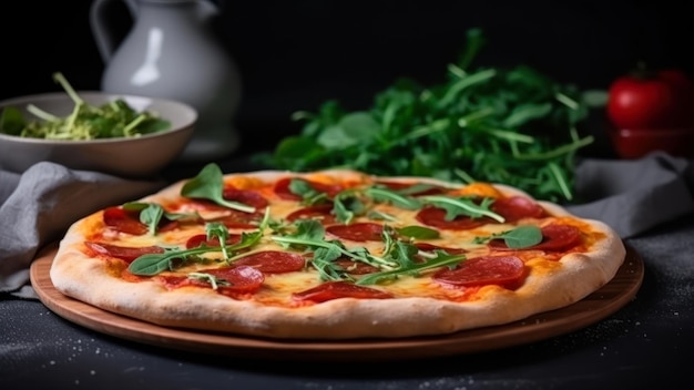 Pizza z rukolą i miską zieleniny na boku