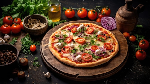 Pizza z serem mozzarella, pomidorami i cebulą na ciemnym tle