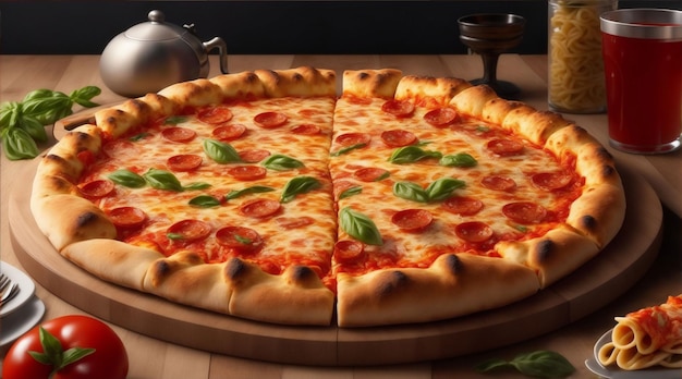 Zdjęcie pizza z serem mozzarella, pomidorem i bazylią na drewnianym stole