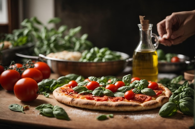Zdjęcie pizza z świeżymi pomidorami i liśćmi bazylii
