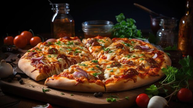 pizza z topionym serem z mięsem i warzywami na stole z rozmytym tłem