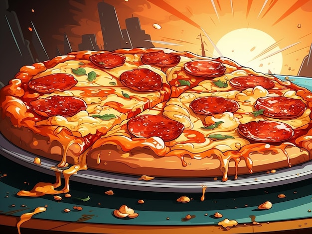 Pizza z włoskimi pepperoni w stylu kreskówek na tle retro pop art