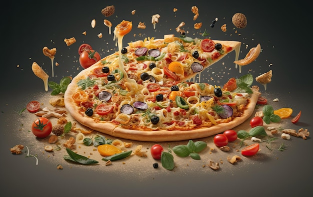 Pizza ze składnikami i kawałkami jedzenia unoszącymi się w powietrzu na ciemnym tle