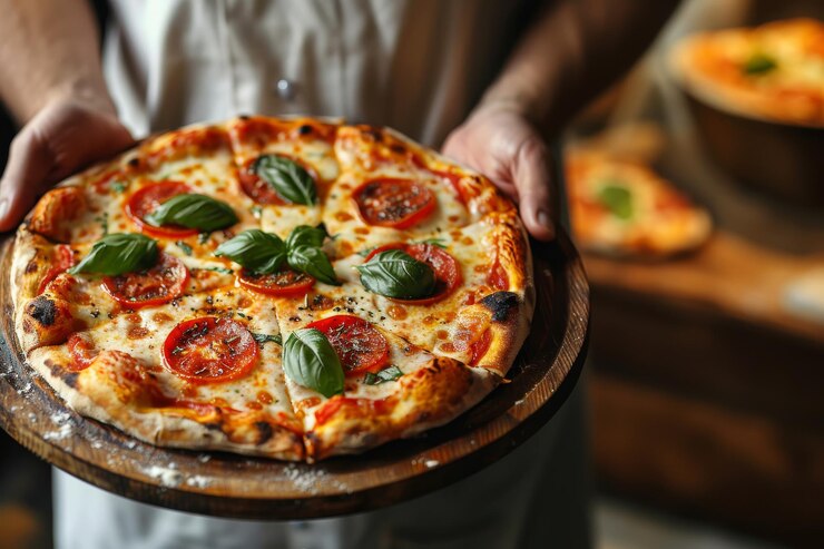 Zdjęcie pizzaiolo trzyma świeżo upieczoną pizzę jak dzieło sztuki prezentacja pizzy