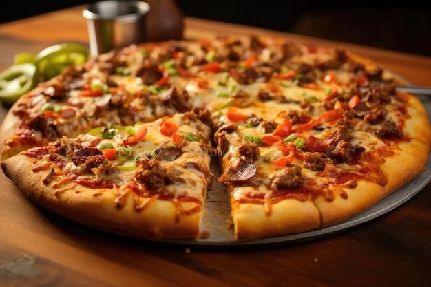 Pizzę w stylu St. Louis, wyciętą precyzyjnie i kuszącą mieszankę mięsa i warzyw na cienkiej skorupie.