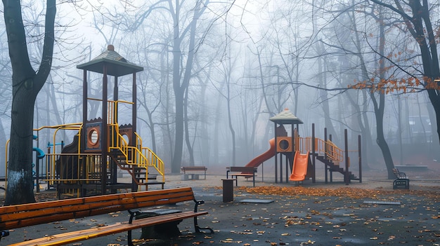 Zdjęcie plac zabaw w parku w mglisty jesienny dzień plac zagra jest pusty bez dzieci bawiących się