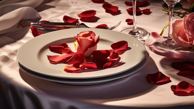 Zdjęcie place setting lovers rose petals background image valentine background images hd