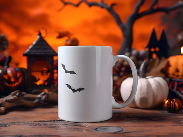 Plain white mug mockup w Halloween setting background Orange i czarne kolory Wysoka rozdzielczość