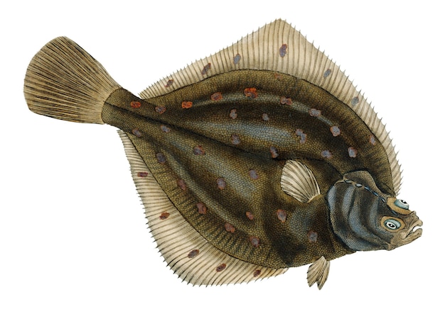 Plaise png naklejka ryba vintage ilustracja przezroczysty tło