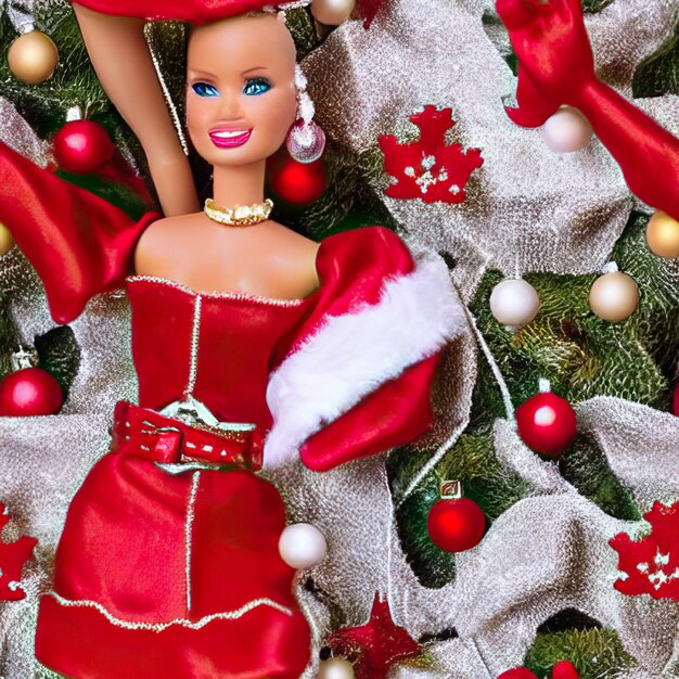 Zdjęcie plakat barbie styling doll ken czerwony niebieski różowy plakat boże narodzenie święty mikołaj nowy rok 2024 tło