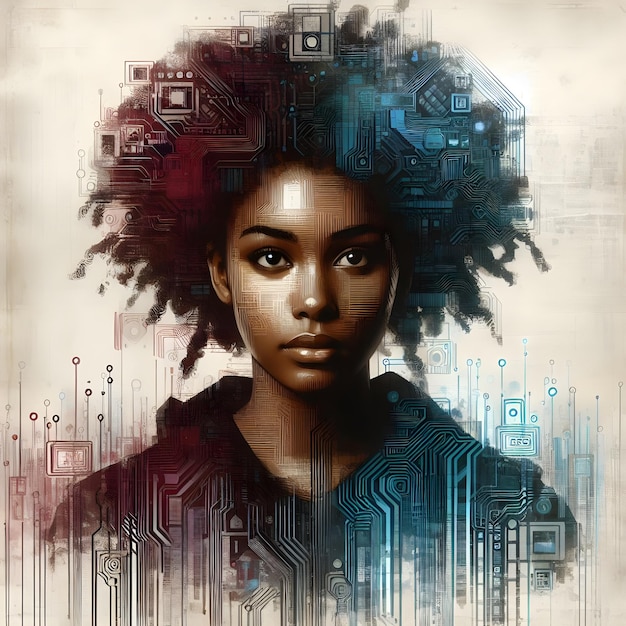 Plakat cyfrowy dzieło sztuki zastanawiającej się afrykańskiej kobiety z laptopem wśród abstrakcyjnych elementów technologicznych