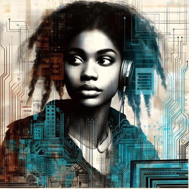 Plakat cyfrowy dzieło sztuki zastanawiającej się afrykańskiej kobiety z laptopem wśród abstrakcyjnych elementów technologicznych